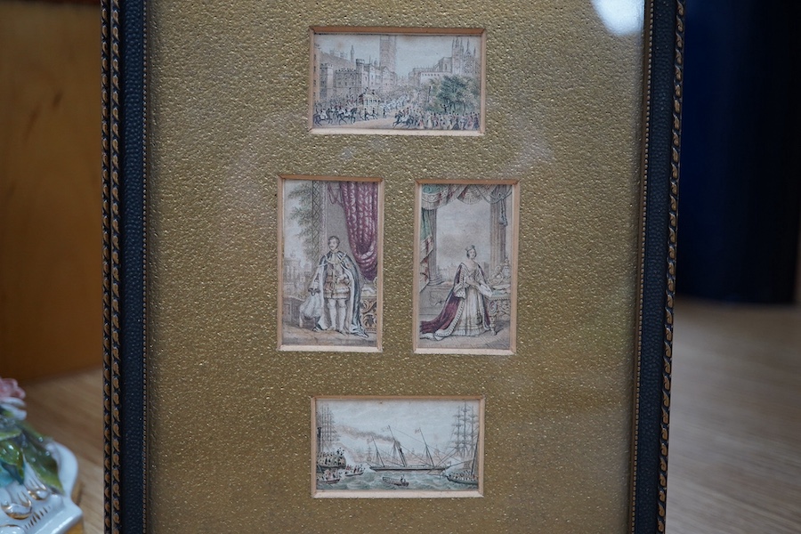 George Baxter, set of seven miniature colour prints to include portraits of Queen Victoria and Prince Albert, mounted and framed as two, each overall 21 x 15cm. Condition - fair